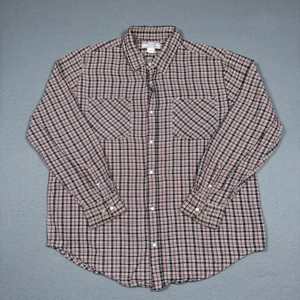 Haband Casual Joe Flannel Shirt Mens Large Red Black Plaid Vintage Button Up